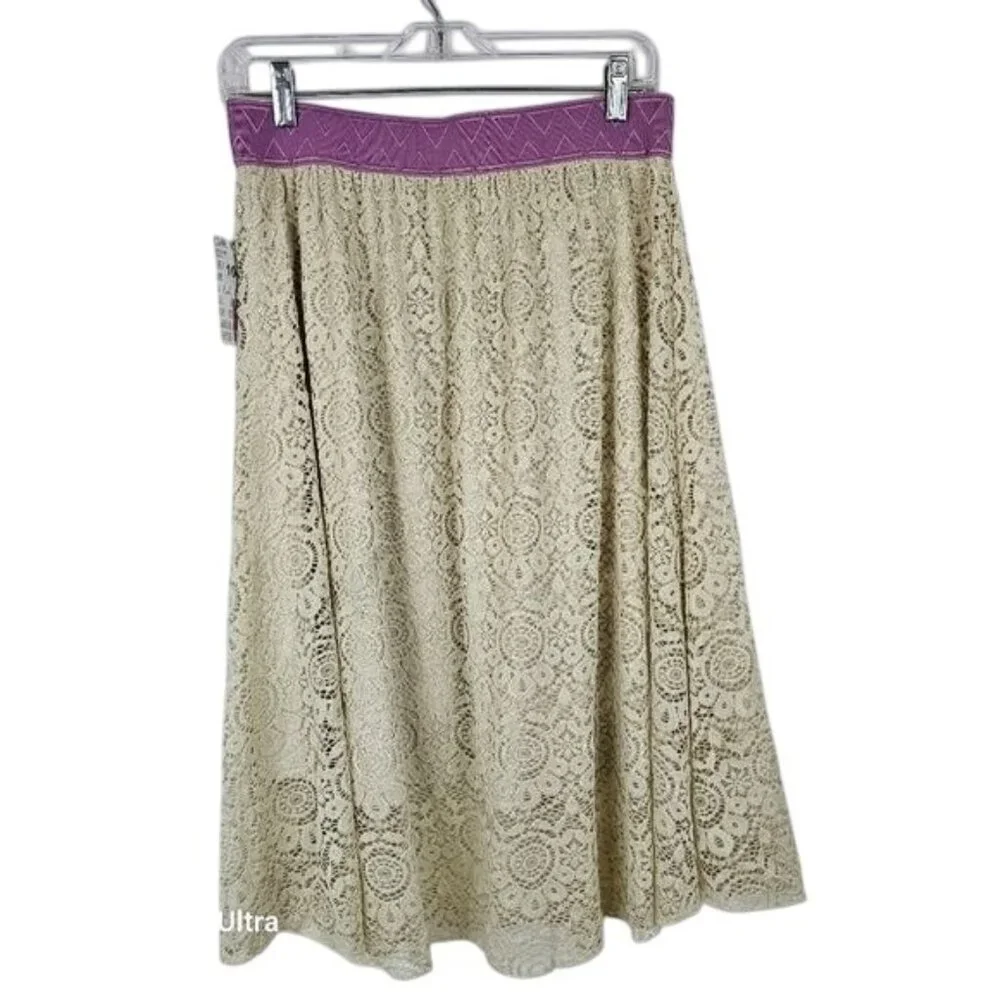 Lula‎ Roe Lola Boho Cottagecore Midi Skirt M Cream Crochet Stretch Waist Lined